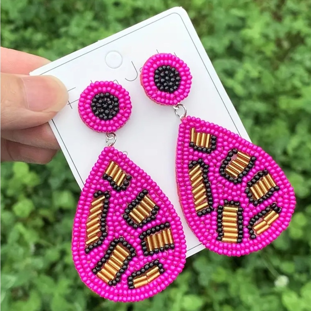 Pink Animal Print Beaded Dangle Earrings